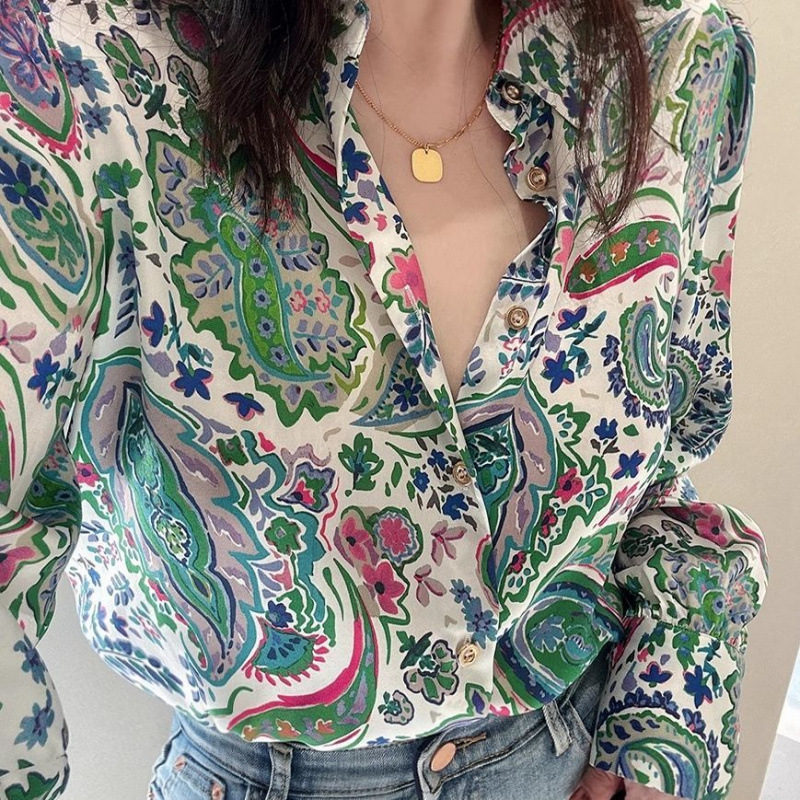 Spring Color Niche Retro Paisley Cashew Print French Plain Crepe Satin Sand Washed Soft Waxy Shirt