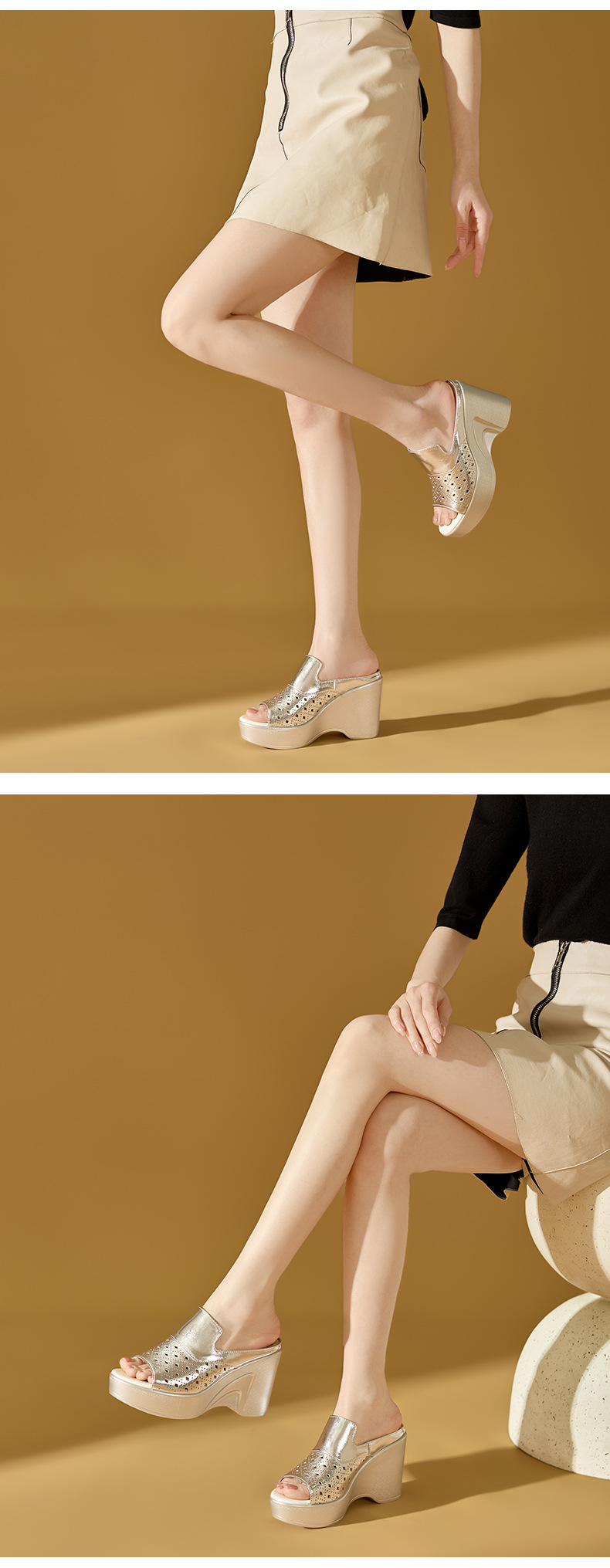 Dép sandal nữ quai ngang đế xuồng cao gót 9 cm da PU lỗ rỗ — màu vàng, bạc chi tiết 8
