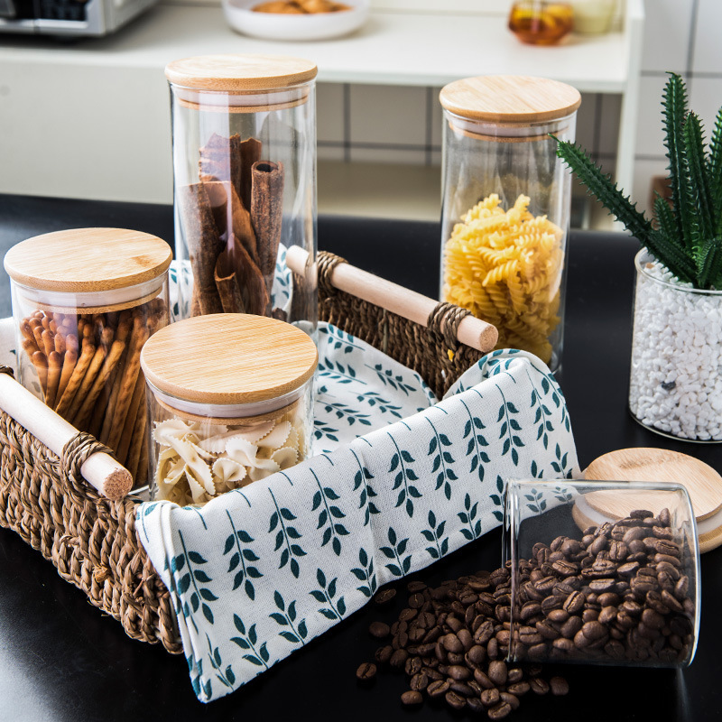 Tanque de almacenamiento sellado de vidrio transparente con alto contenido de borosilicato, botella de vidrio de almacenamiento de bocadillos de frutas secas, tanque de almacenamiento con tapa de madera de bambú a prueba de humedad