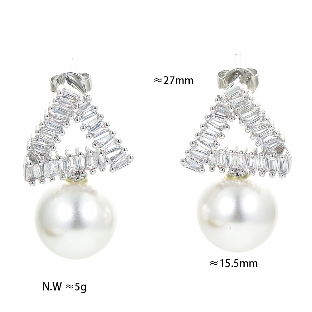 Zircon Triangle Pearl Long Simple Personality Pearl Earrings display picture 5