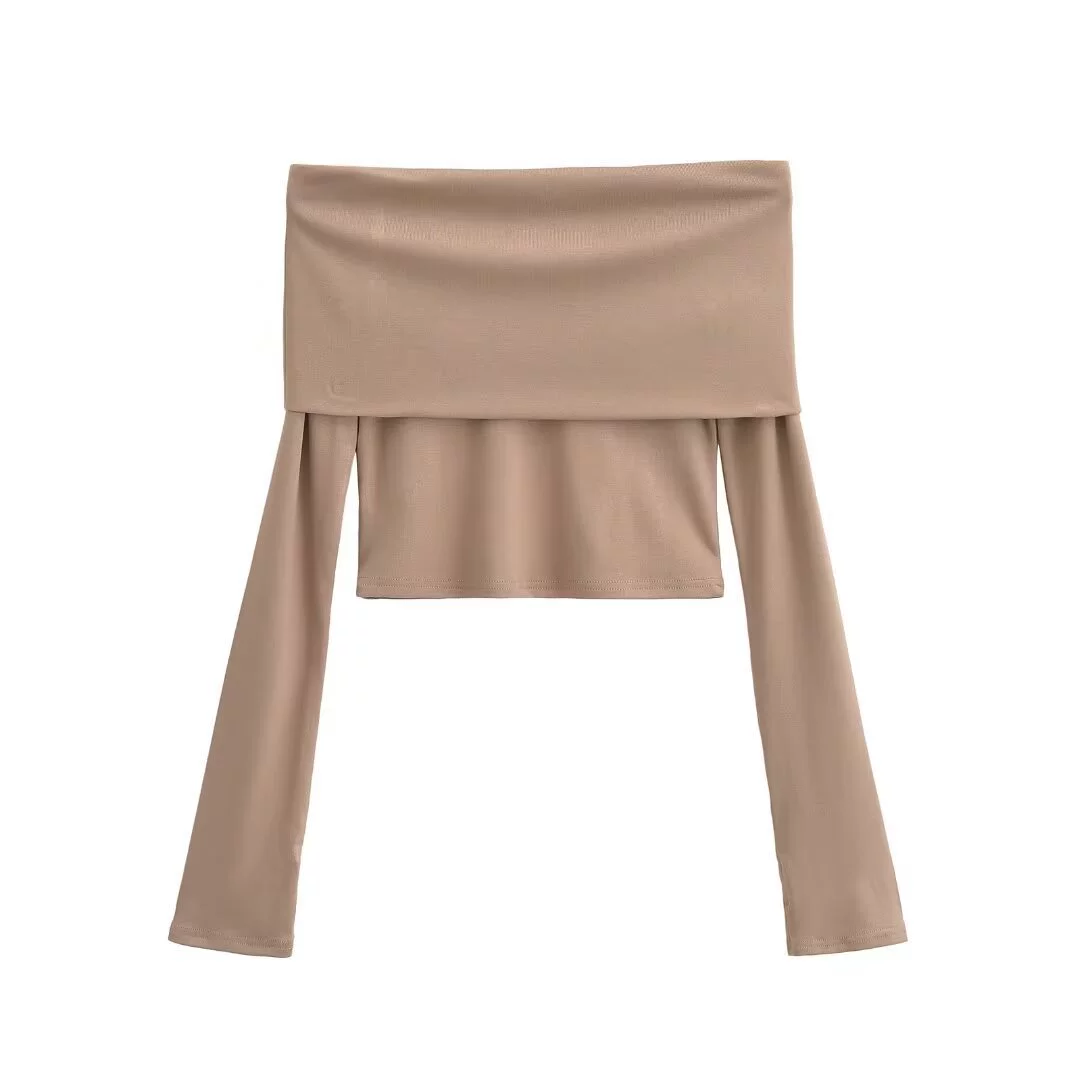 Футболка с открытыми плечами и длинными рукавами, европейский стиль, slim fit