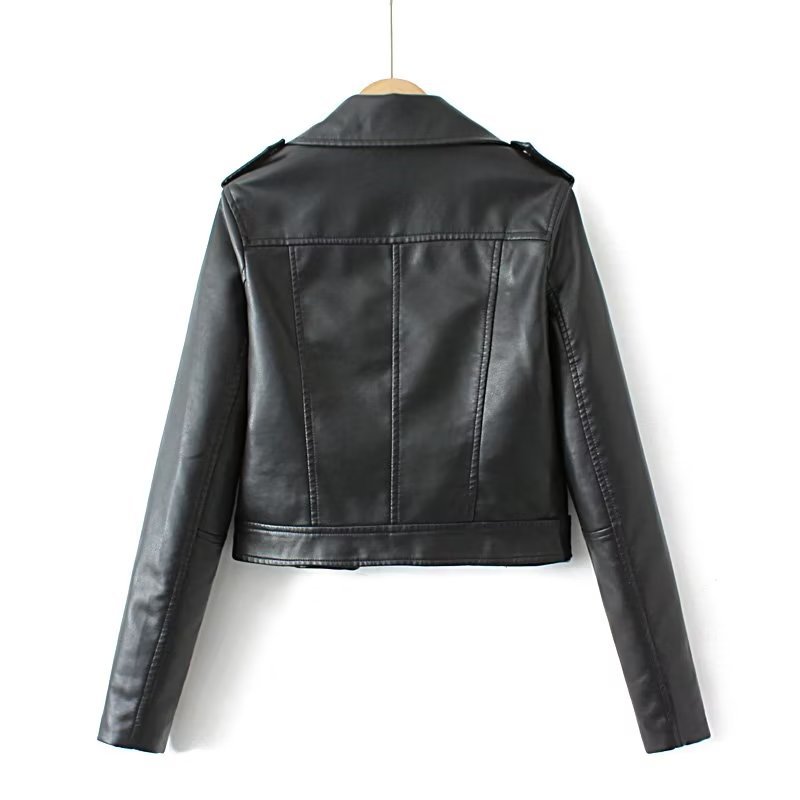 Short Slim lapel long sleeve solid color PU Leather Jacket NSAM139688