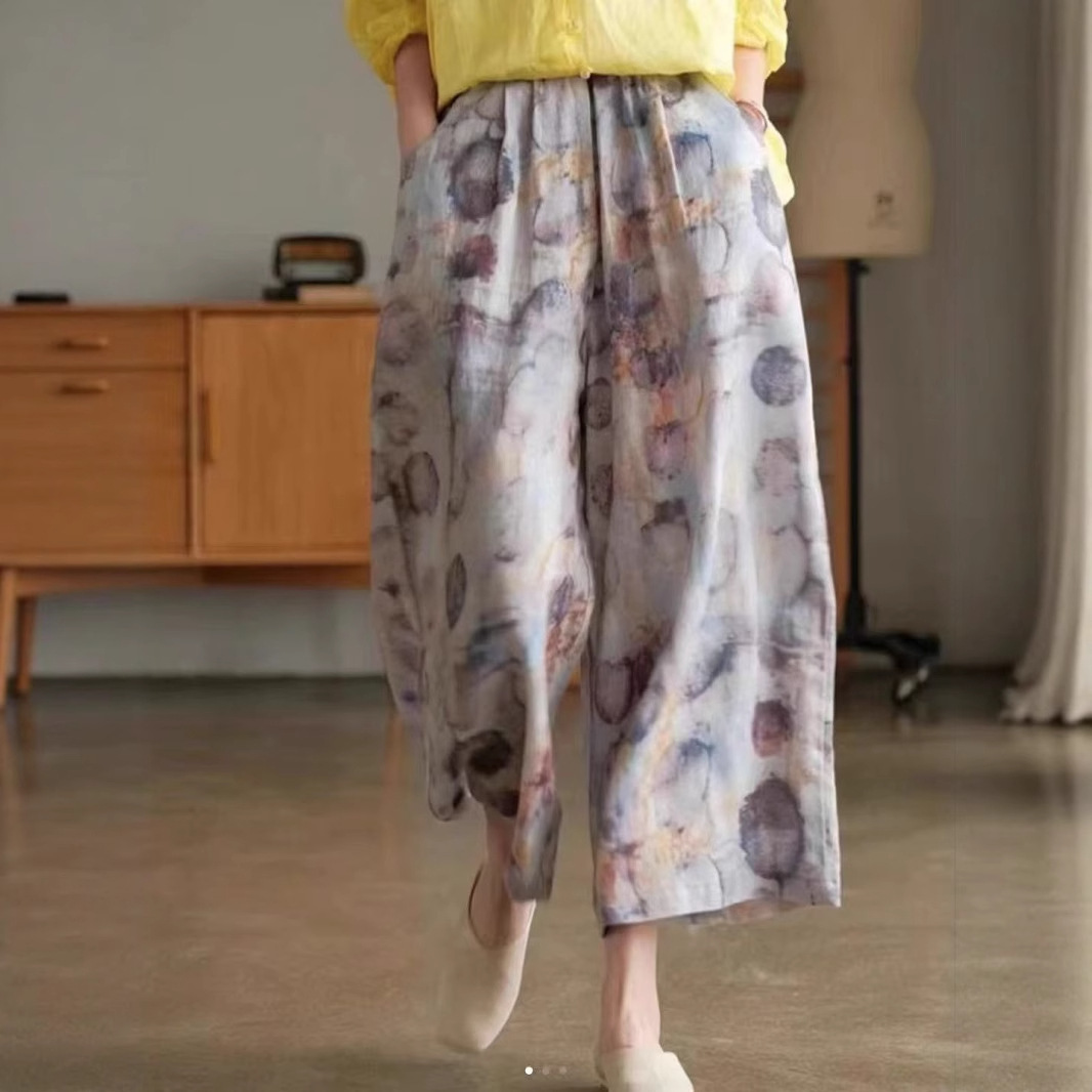 2025夏季韩版宽松显瘦亚麻印花阔腿裤洋气休闲八分裤女阔腿裤裙裤