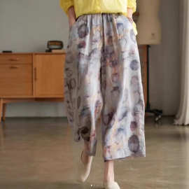 2025夏季韩版宽松显瘦亚麻印花阔腿裤洋气休闲八分裤女阔腿裤裙裤