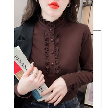 螺纹德绒衬衫半高领打底衫女秋冬新款纯色长袖妈妈花边领内搭上衣