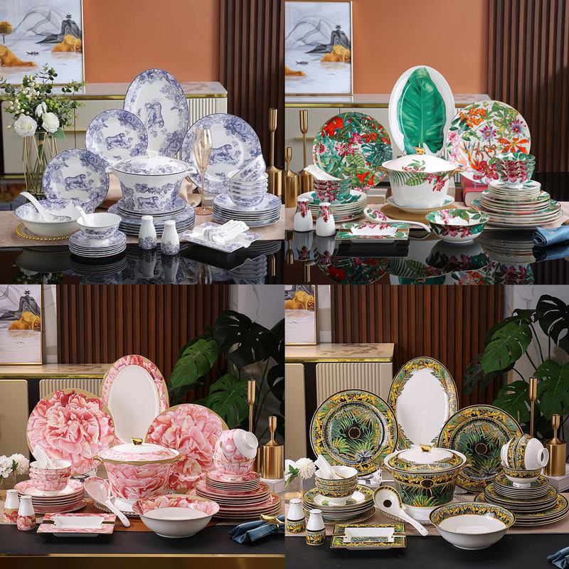 Cross-Border H Brand Tableware Bone China Bowl, Plate, Spoon, and Saucer Set for 6 People, 43-Piece High-End Gift Box for Wedding or Housewarming Gift