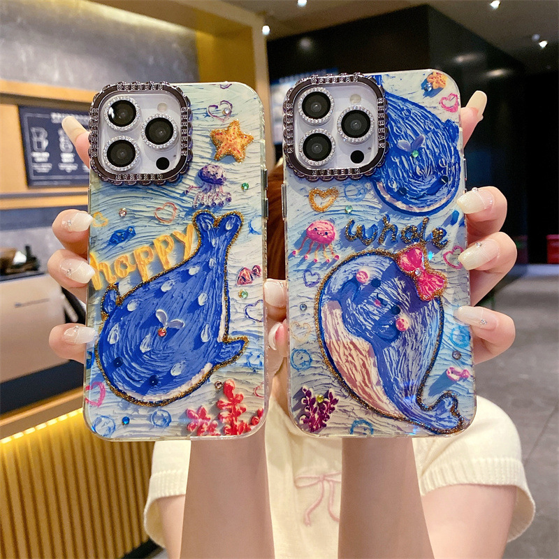 卡通蓝光小鲸鱼适用iPhone16手机壳苹果14promax镜头膜15硬13pro