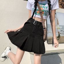 辣妹百褶牛仔半身裙女夏新款复古蓝小众纯欲A字高腰荷叶边短裙子