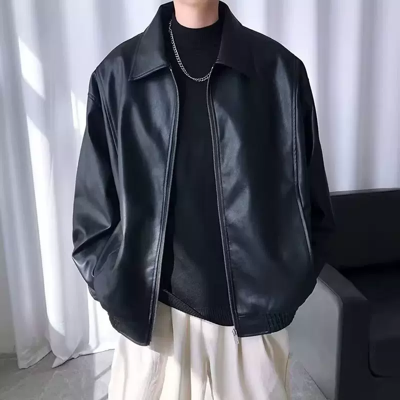 秋季男士皮衣外套夹克修身翻领pu皮机车潮流帅气设计感小众设计感