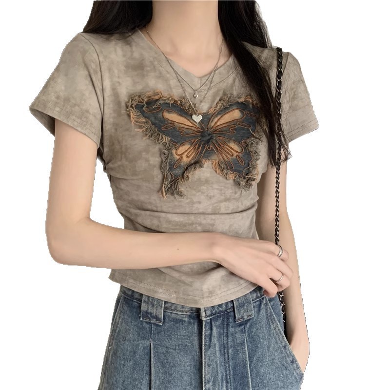 アメリカンレトロバタフライローエッジTシャツレディース夏ホットガールプリーツ半袖シャツウエスト痩身ショートトップ|undefined