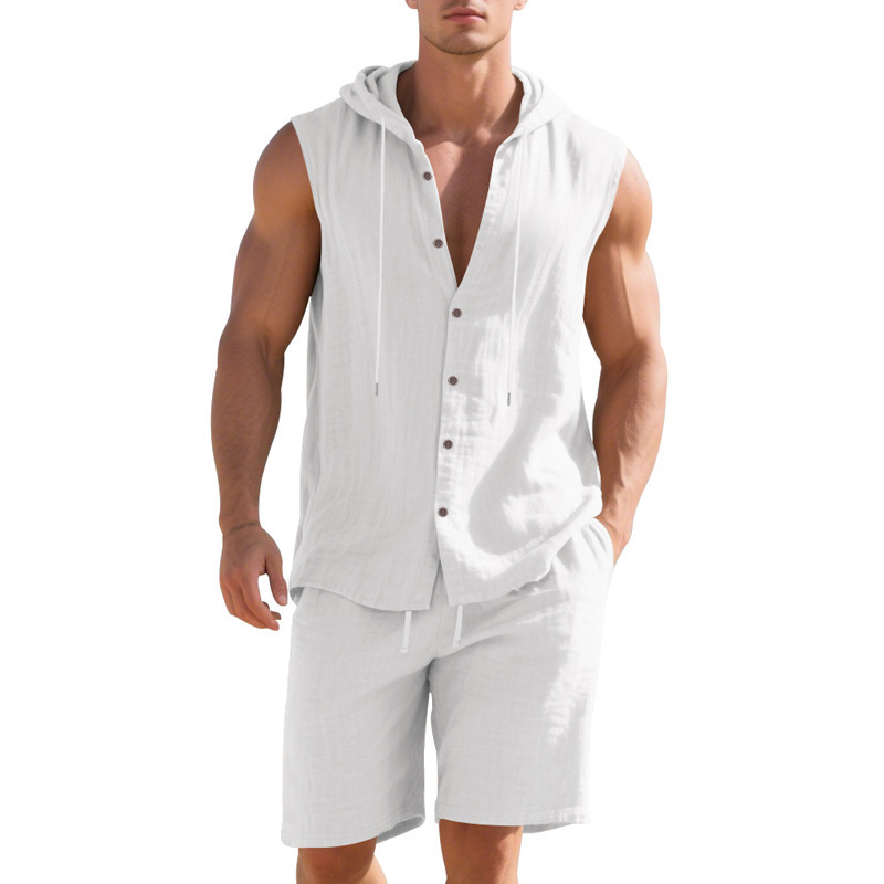 K Loose Casual Minimalist Hooded Sleeveless Sports Shirt Shorts Two-piece Set_viptrois.com