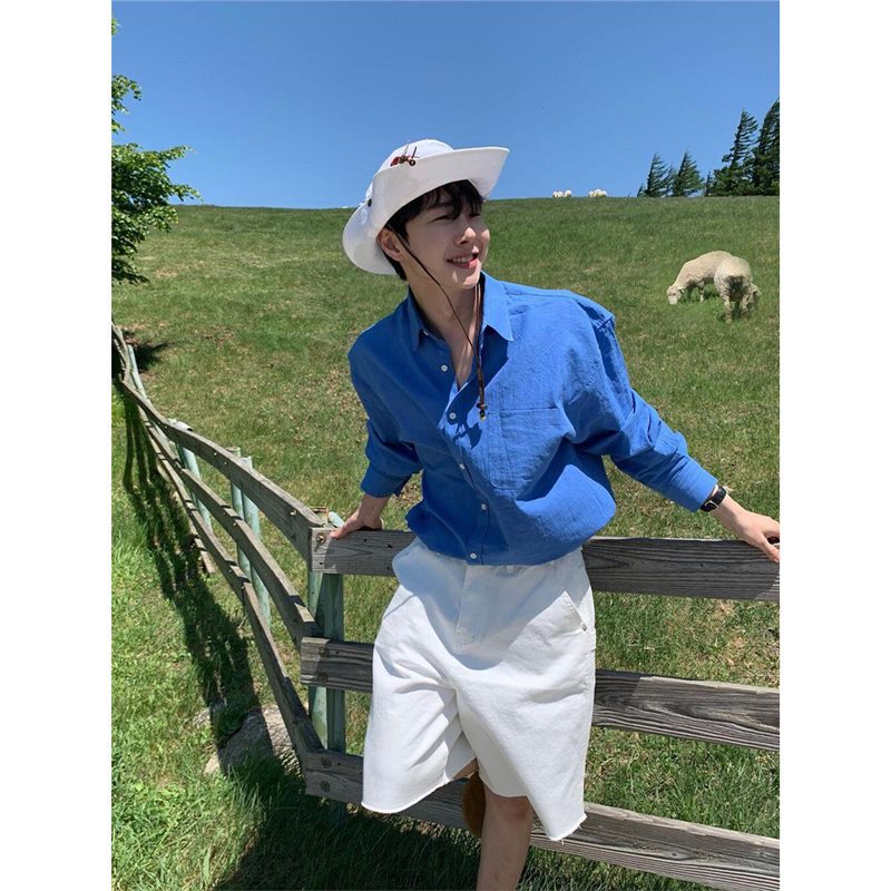 Summer Thin Klein Blue Cotton Linen Shirt Men's Korean Style Jacket High-end Loose Long-sleeved Shirt