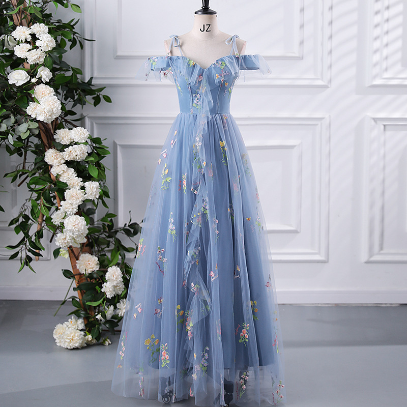 Fairy-Like Evening Dress for Women 2026 New Style Blue Off-Shoulder Dress That Can Be Worn Casually, Suitable for Presenters, Birthdays, French-Style Banquet Dress
