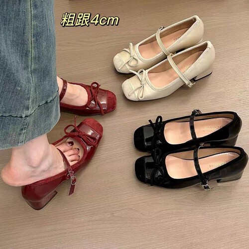 Korean Style Rough Heel Bowknot One Strap Mary Jane Shoes for Women, Soft Leather, Pair with Skirts, Small Feet Casual Low Mouth Single Shoes