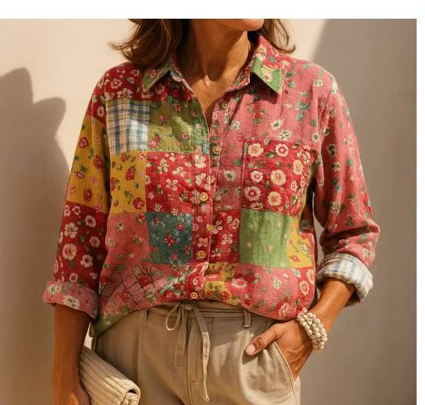 2025 新しい女性のロングシャツ女性の夏のヨーロッパとアメリカのトレンディな長袖シャツ花柄プリント 3D 裏地|undefined