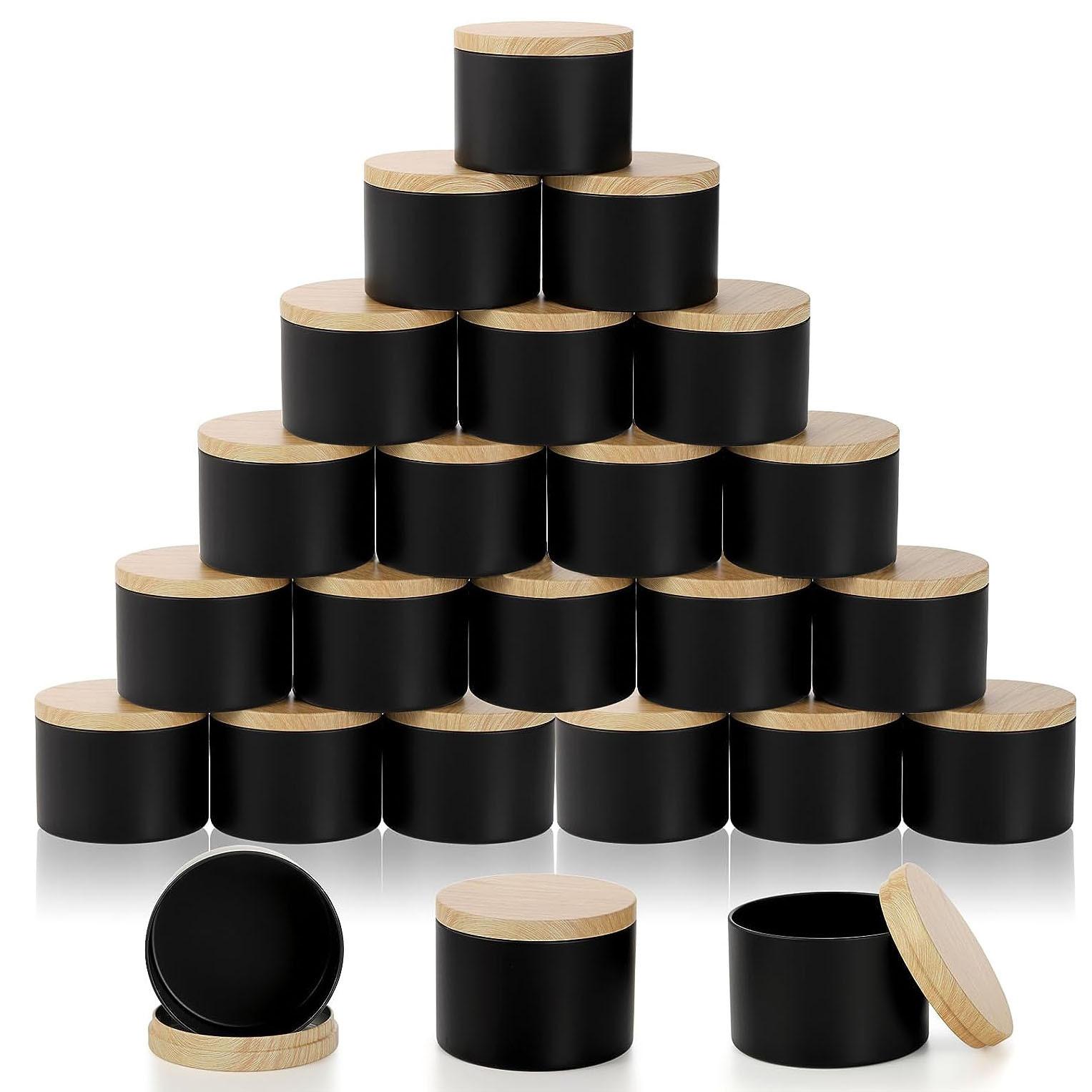 Caja redonda de hojalata negra sellada de doble cara con tapa de imitación de madera de alta gama para dulces, velas y aromaterapia, 4oz 8oz, al por mayor