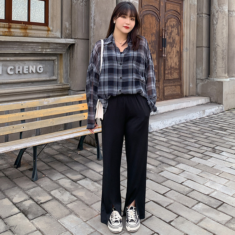 200斤胖mm顯瘦春夏針織高腰彈力垂墜感大碼女開叉直筒闊腿褲2700