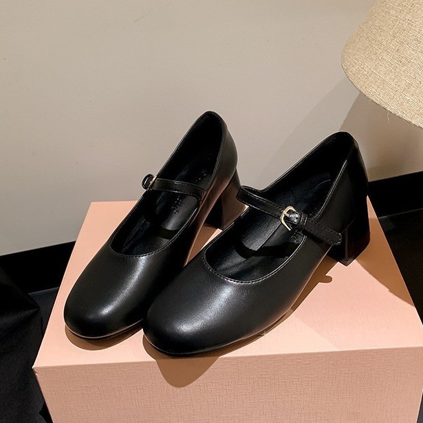 Uva mamá Nuevo estilo coreano elegante hermana ~ punta redonda correa de boca baja de cercanías adelgazante tacón grueso Mary Jane zapatos de una sola capa