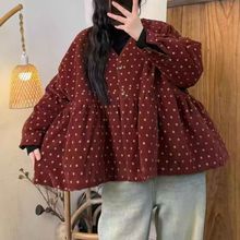 日系森系圆点灯芯绒加棉棉衣女冬季新款宽松百搭拼接娃娃衫外套女