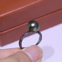 diy配件 S925纯银时尚精致珍珠戒指空托 镀黑指环银托半成品手工