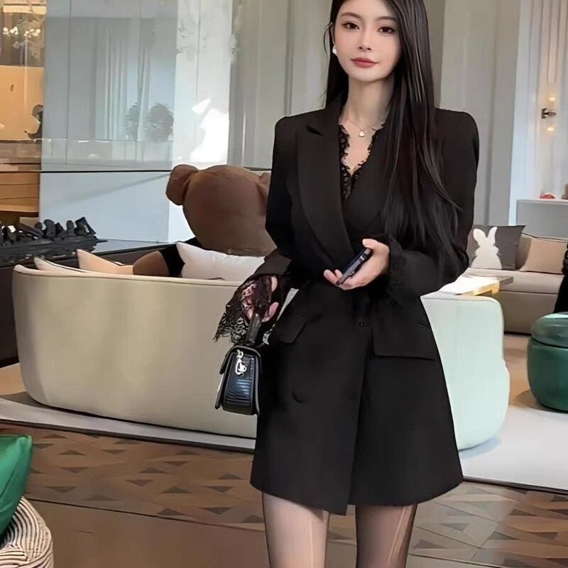 春秋新款西装2025外套连衣裙收腰显瘦蕾丝气质西服中长款黑色|undefined