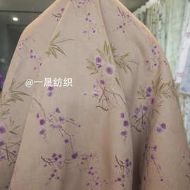 秋冬梅枝梅花新中式单层高密斜纹印花布料复古加厚外套棉麻面料