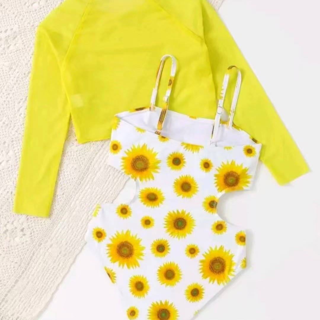 Modischer einteiliger Badeanzug für Mädchen, zweiteiliger Badeanzug mit Sonnenblumenmuster aus Mesh für Kinder (3-7 Jahre)_voghion.com