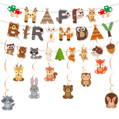亞馬遜跨境森系小動物生日拉旗拉花螺旋掛飾套裝狐狸刺蝟生日橫幅