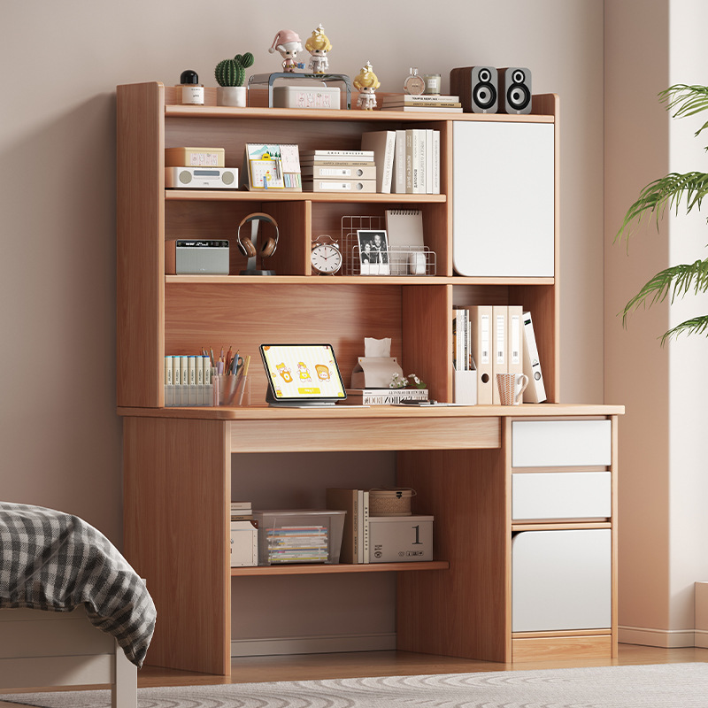 Solid Wood Desk Student Home Bedroom Study Desk Desk Bookshelf Integrated with Bookcase Drawer Computer Desk