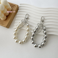 2024韓國版新款清新甜美珍珠手機鏈裝飾鍍UV銀色珠鑰匙扣箱包掛飾