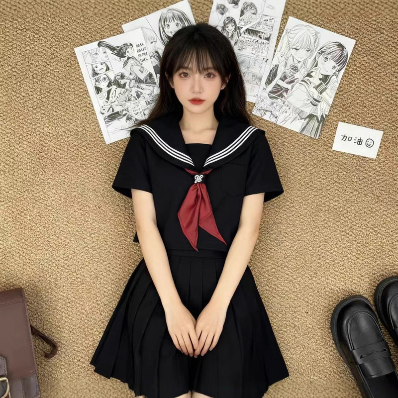 Pleated Skirt Suit,不良 Black Three-Book Basic Jk Authentic School Style Half Skirt Sailor Suit Uniform 2025 New Model