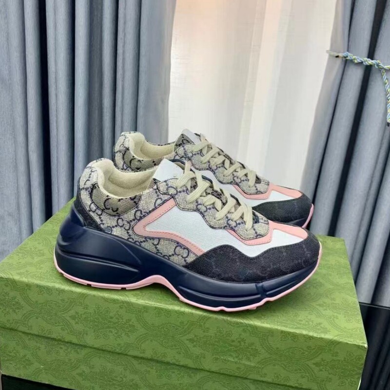 High-End g Brand Color-Blocked Dad Sneakers, Genuine Leather Couple Casual Shoes, Printed Height-Increasing Sneakers, Monogram Thick-Soled Trendy Shoes