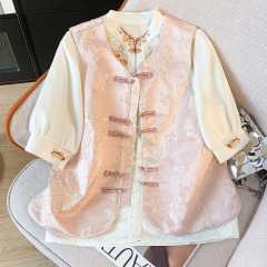 新中式国潮复古小立领盘扣提花时尚马甲开衫外套女植物花卉欧美