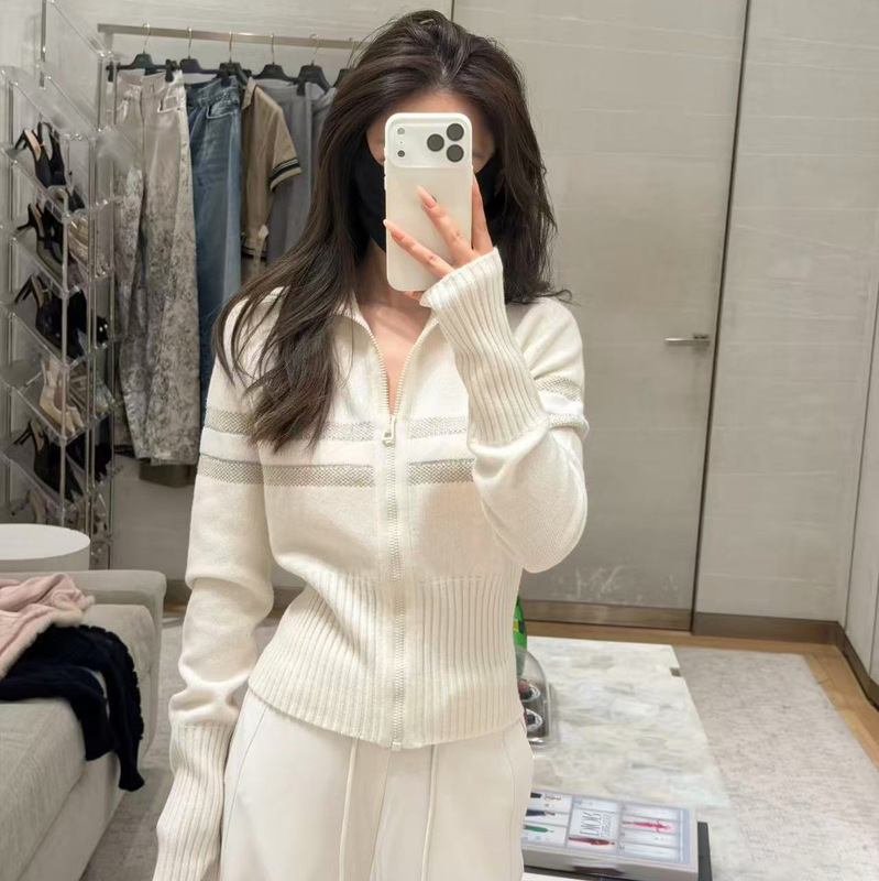 2025 Autumn/Winter Wool Cardigan Knitted Base Layer Half-Open Collar Slim Fit Rabbit Fur Zipper Cardigan Wool Base Layer