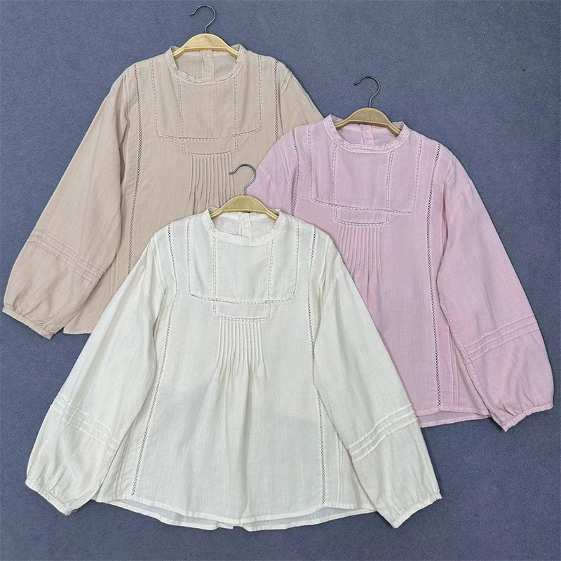 Autumn 2024 New Japanese Style Fresh Fashion All-match Heavy Industry Lace Stitching Pullover with Open Buckle Linen Shirt for Women