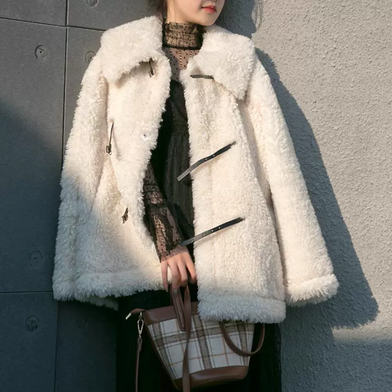 Shearling‑style winter jacket, faux‑fur cozy oversized coat, white, sizes S–L