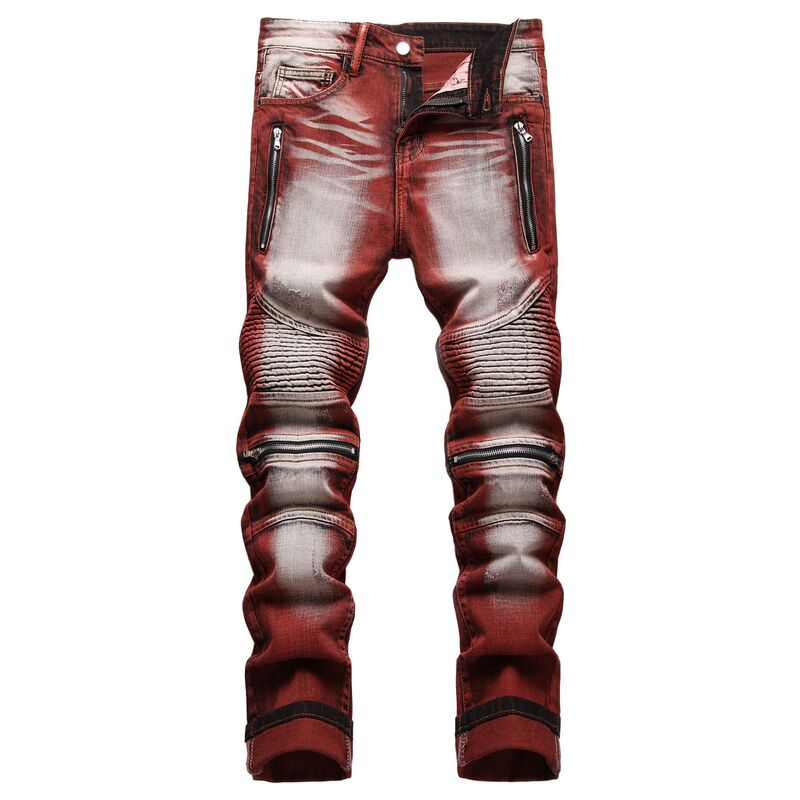 Original European and American style motorcycle pants elastic zipper decorative dyeing personality fashion small feet jeans Original European and American style motorcycle pants elastic zipper decorative dyeing personality fashion small feet jeans