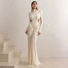 跨境欧美2025秋季新款女装纯色长袖高领气质修身褶皱露背长连衣裙