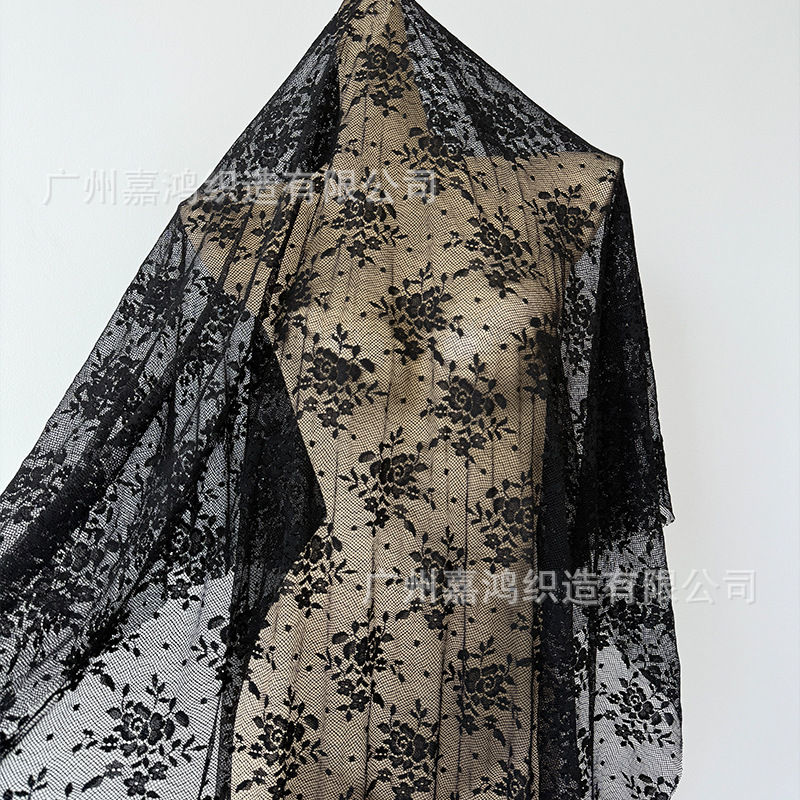 Tejido de encaje de rosa, encaje elástico de brocado, blanco y negro, ropa de base, ropa de mujer, tela de ropa