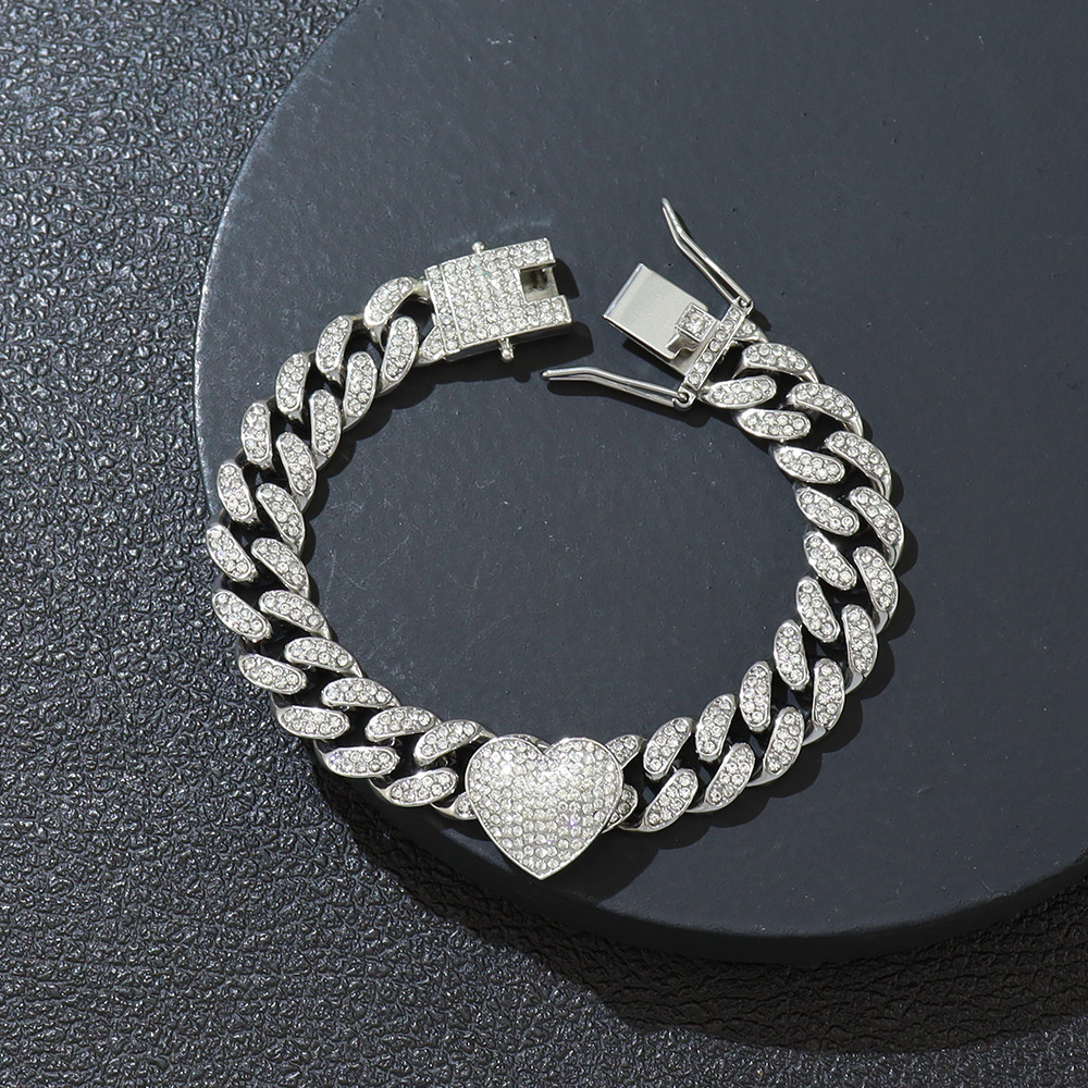 Daily Occasion Cool Three-Dimensional Fully Jeweled Loving Heart Heart-Shaped Creative Cuban Link Chain Bracelet  Hip Hop Style Couple Bracelet Bracelet
