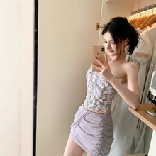 法式手工刺绣立体剪花装饰鱼骨束腰性感抹胸上衣显瘦欧根纱半身裙