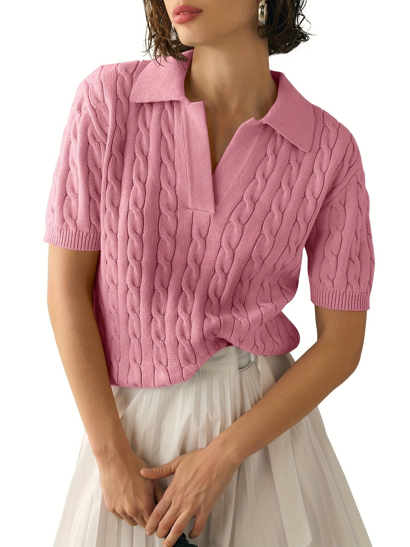 Womens Short Sleeve V Neck Sweaters Cable Knit Collared Cross-border