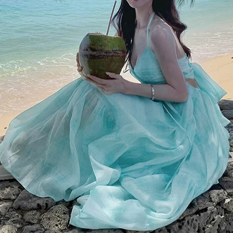Mint Mambo Seaside Vacation Atmosphere Beach Dress Design Neck Hanging dress Fairy Elegant Large Swing Dress