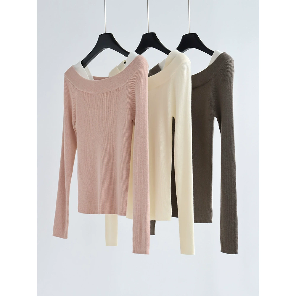 Пуловер с открытыми плечами, имитация двух частей, свитер с длинными рукавами из смесовой шерсти, осенне-зимний пуловер, Женская Базовая рубашка, Новинка