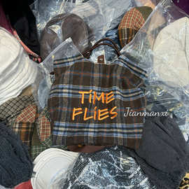 冬款加厚里衬格纹手提单肩斜挎包2024学院风韩版韩国大容量包包潮