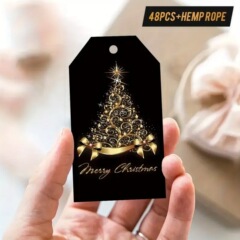 48件圣诞礼物标签配麻绳 -奢华金色圣诞树设计圣诞卡片礼品包装卡
