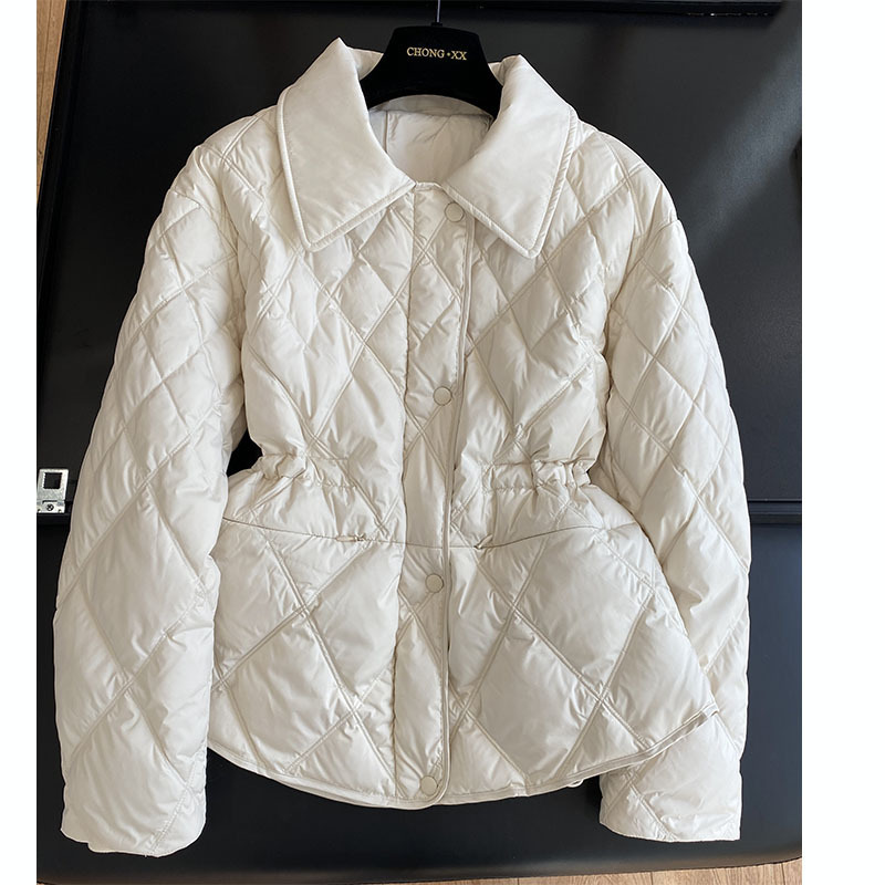 Retro rhombus lapel 90 white duck down waist-tight lightweight short down jacket for women autumn and winter 644k
