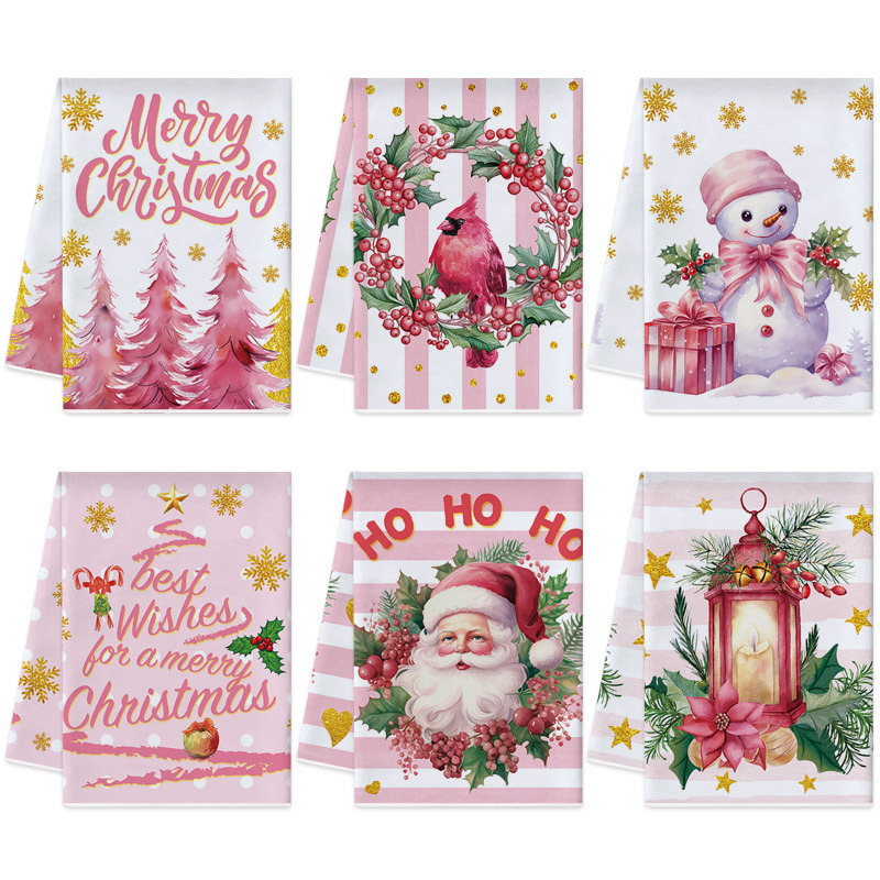 Christmas Towel suit Kitchen Dish Wish Towel Pink Christmas Printed Dining Table Decorative Holiday Towel for Hair