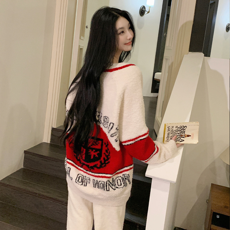 韩版V领撞色开衫半边绒睡衣女冬天慵懒风红色显白加厚保暖家居服|undefined