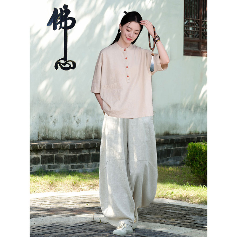 女性用在家服、中国風婦人服、綿麻ボタン付きトップス、禅服、中国風仏教禅無地スーツ|undefined